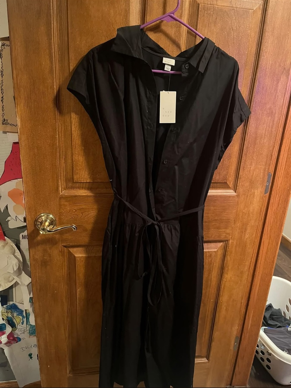 a new day Black Midi Shirt Dress with Tie Waist